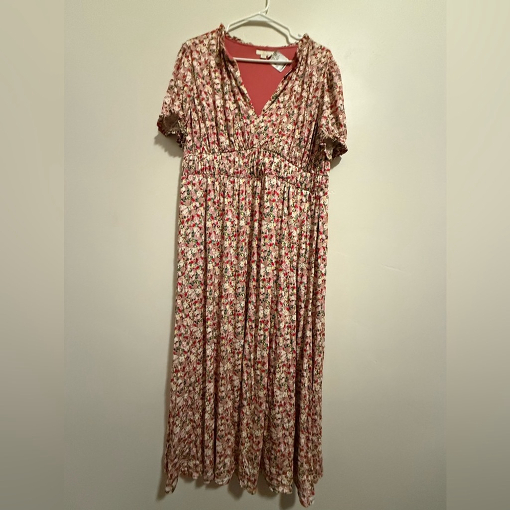 Boden Ruched strech Jersey Pink Floral Maxi Dress women short sleeve plus 14R - Picture 4 of 13
